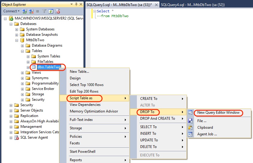 SSMS Script Table Drop