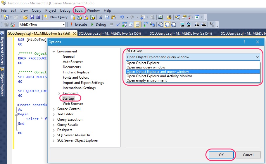 SSMS Startup Options