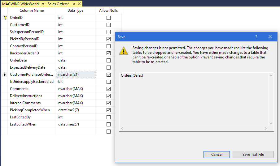 Unable To Save Changes After Editing A Table Design In SSMS