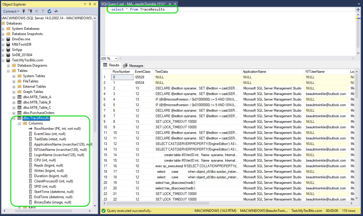 Saving Profiler Trace Results To A Table