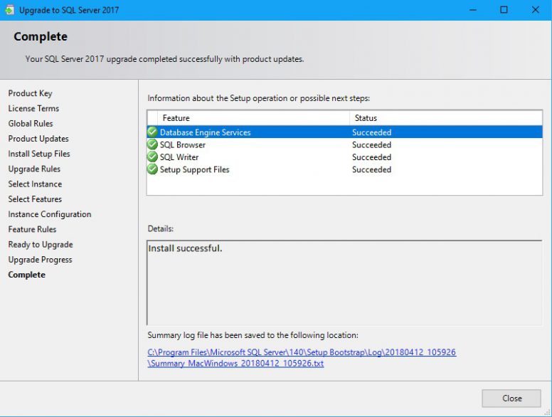 Upgrade SQL Server - Upgrade Successful