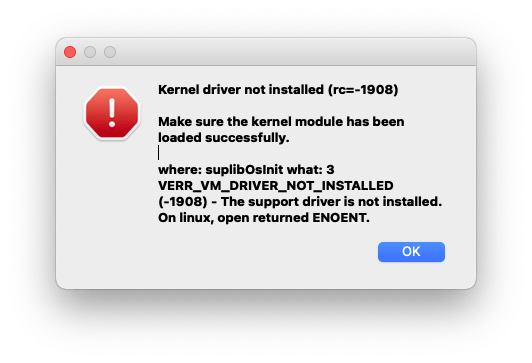 Kernel driver not installed (rc=-1908) error