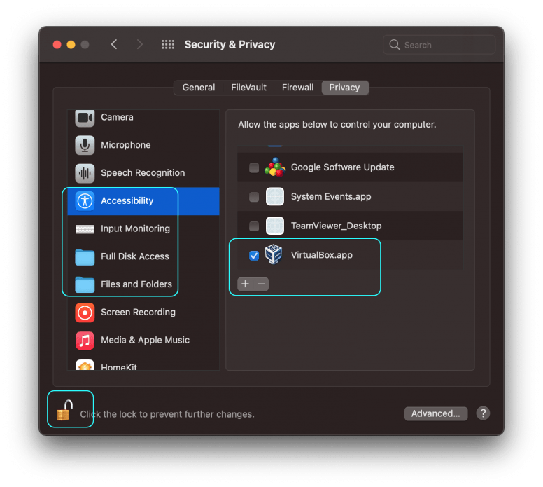 Give access permissions to VirtualBox.app