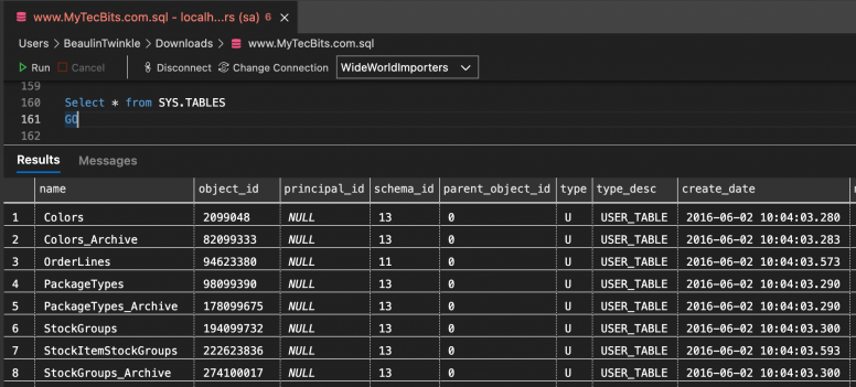 Using sys.tables