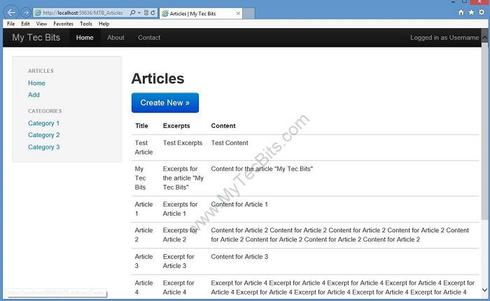 Index screen of the sample: Knockout.js and Bootstrap with ASP.NET MVC