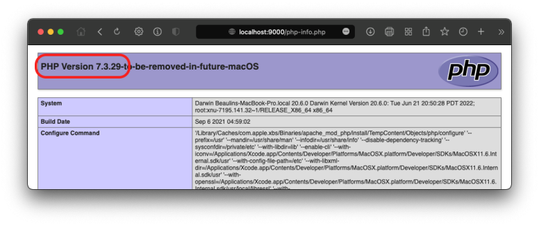 Finding version of PHP in macOS using phpinfo function